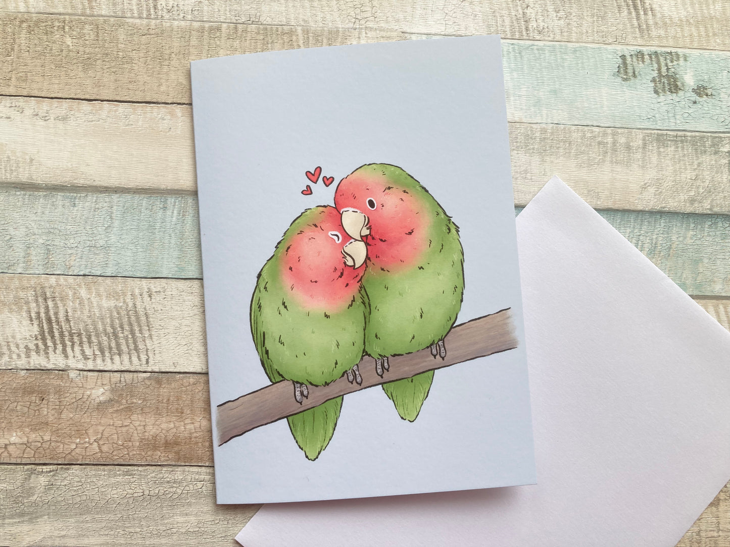 Lovebird Greeting Card, A6 Size, Couples card, blank greeting card, with white envelope, blue background, parrot love illustration
