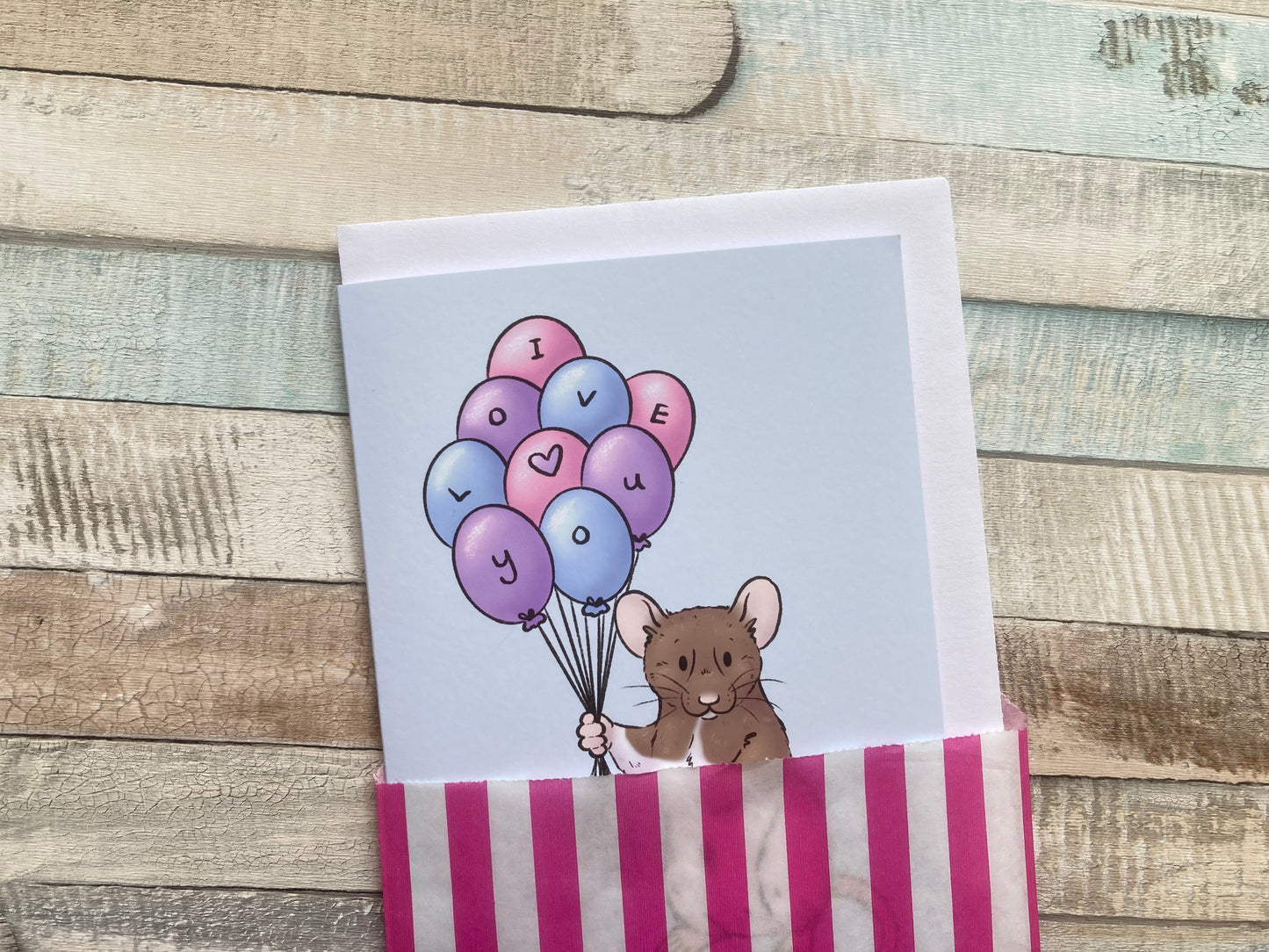 I love you balloon rat A6 greeting card, rat Valentine's Day card, white envelope, rat gift
