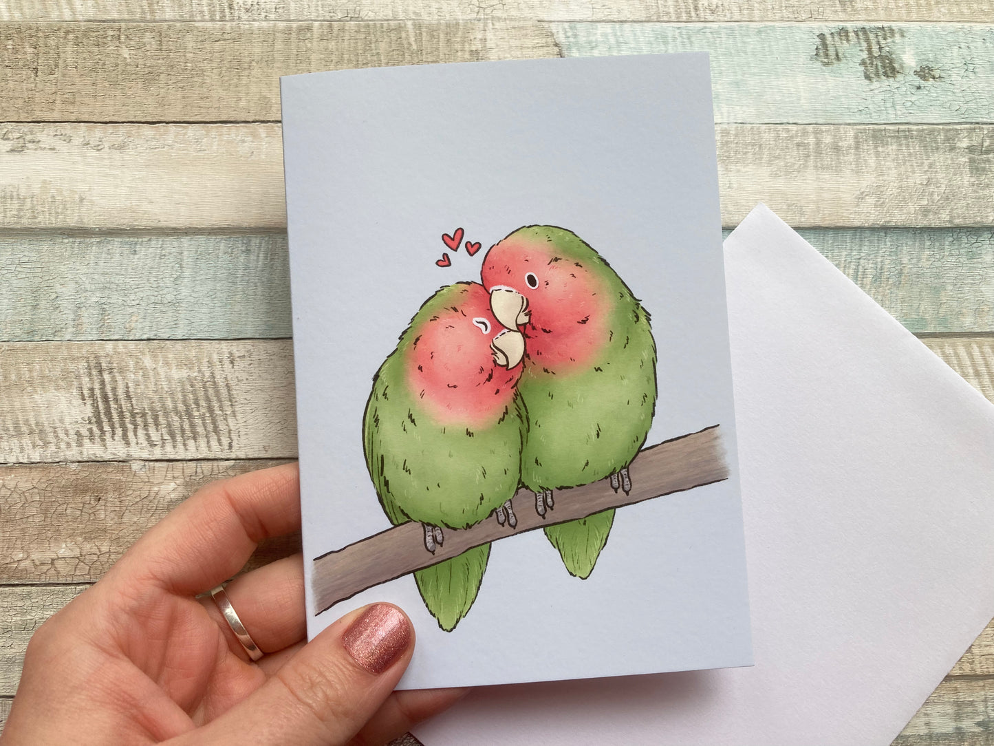 Lovebird Greeting Card, A6 Size, Couples card, blank greeting card, with white envelope, blue background, parrot love illustration