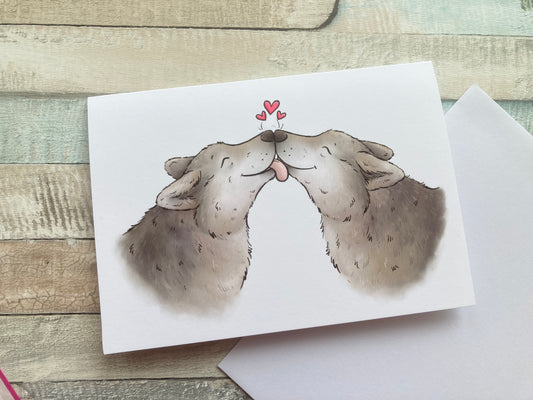 Wolf Kisses Love A6 Greeting Card, Sweet Grey Wolf Card, Wildlife loveheart Gift, Boyfriend, Girlfriend, Husband, Wife Greeting Card