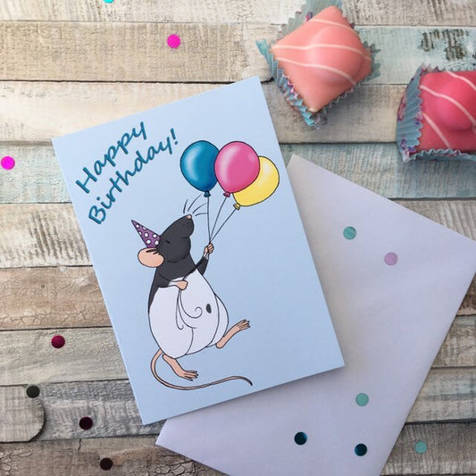 Fancy hooded rat birthday card, A6 size, blank inside, 300gsm card, white envelope, cute rat, balloons, rat gift, birthday rat lover