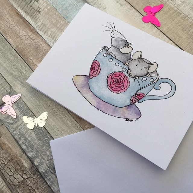 Time for tea, rats mice in tea cup, A6 blank greeting card, watercolour illustration, rat gift, mouse gift, white envelope inc, sweet card