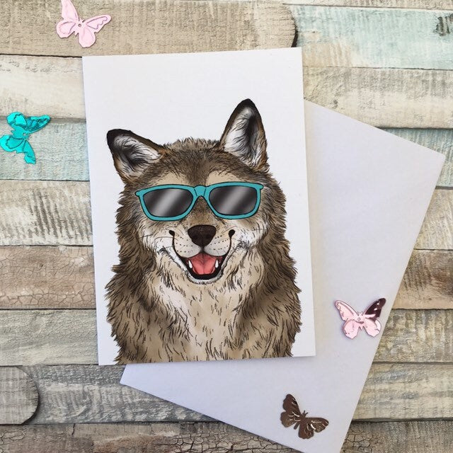 Sunny wolf blank A6 greeting card, white envelope, blank card inside, wolf in sunglasses, summer print, smiling wolf.
