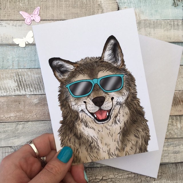 Sunny wolf blank A6 greeting card, white envelope, blank card inside, wolf in sunglasses, summer print, smiling wolf.