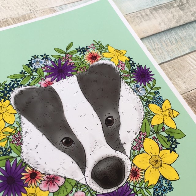 Spring Badger Face Art Print, A4 and A5 Size, Wild flowers, British Wildlife Illustration, Badger Artwork.