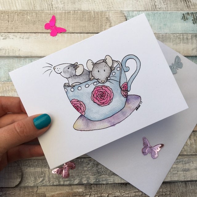 Time for tea, rats mice in tea cup, A6 blank greeting card, watercolour illustration, rat gift, mouse gift, white envelope inc, sweet card