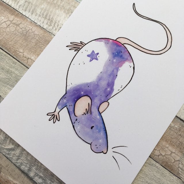 Galaxy Star Rat Art Print, 6x4 size, 240gsm cardstock, watercolour space design, rat wall art