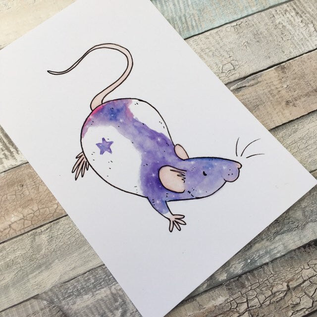 Galaxy Star Rat Art Print, 6x4 size, 240gsm cardstock, watercolour space design, rat wall art