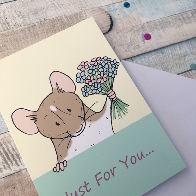 Just For You Cute Rat With Flowers blank A6 Greeting Card, pet Rat card for rat lovers, sweet just because card