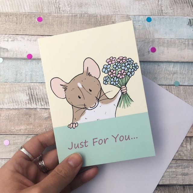 Just For You Cute Rat With Flowers blank A6 Greeting Card, pet Rat card for rat lovers, sweet just because card