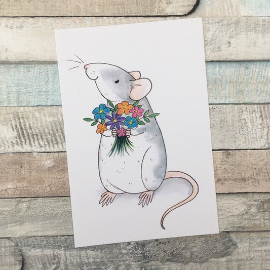Roan Rat With Flowers Art Print, Cute Pet Rat Wall Art, Rat Lover Gift