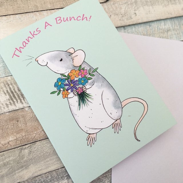 Thanks A Bunch Roan Rat A6 Greeting card, Rat Holding Flowers, Gift For Rat Lovers, Thank You Card