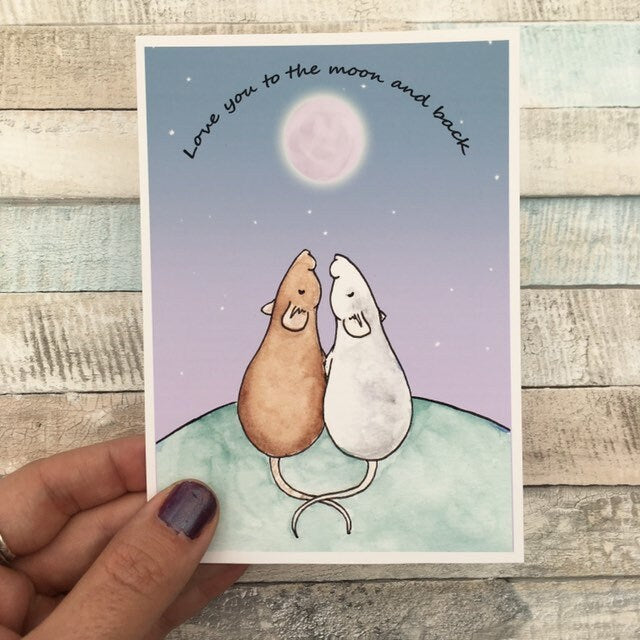 Love you to the moon and back cute rat art print. A5 and 6x4 sizes. Rat love wall art. Cute pet rat art.