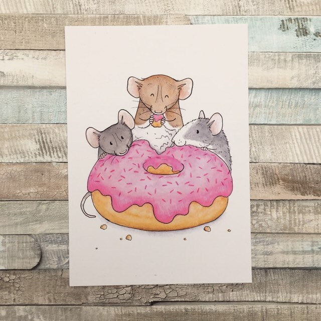 Doughnut rats art print. A5 and 6x4 sizes. Colourful rat wall art. Rat room decoration.