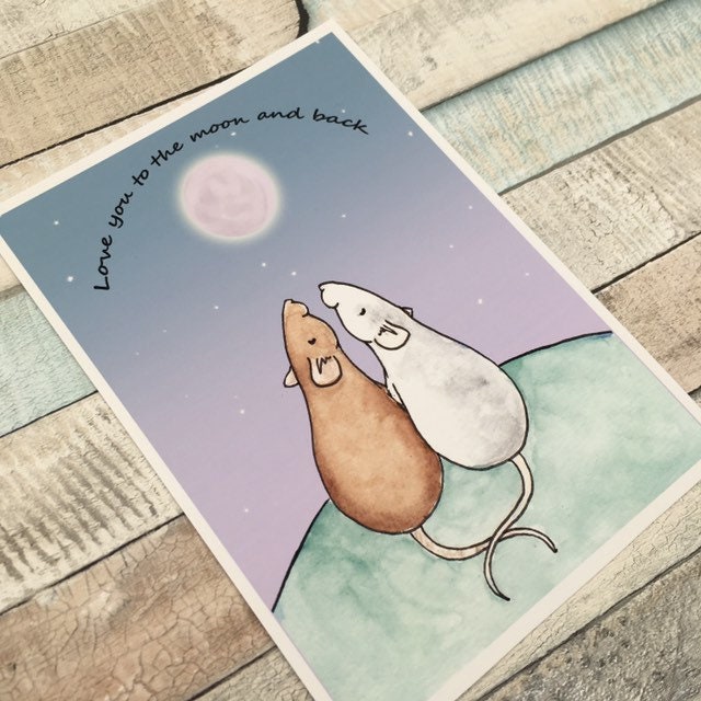 Love you to the moon and back cute rat art print. A5 and 6x4 sizes. Rat love wall art. Cute pet rat art.