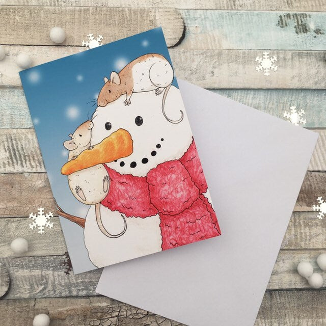 Snow Rats A6 Christmas Card, Blank Greeting Card, Snowman Xmas Card, Pet Rat Gift