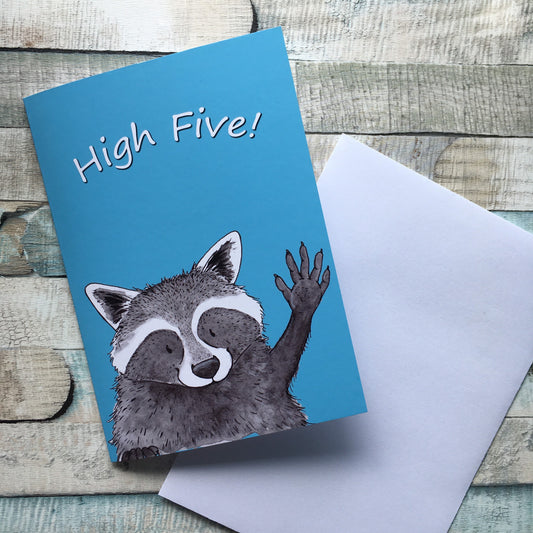 High Five Raccoon Celebration, Congratulations Blank Greeting Card, A6 sized, White Envelope, Happy Cute Trash Panda Illustration