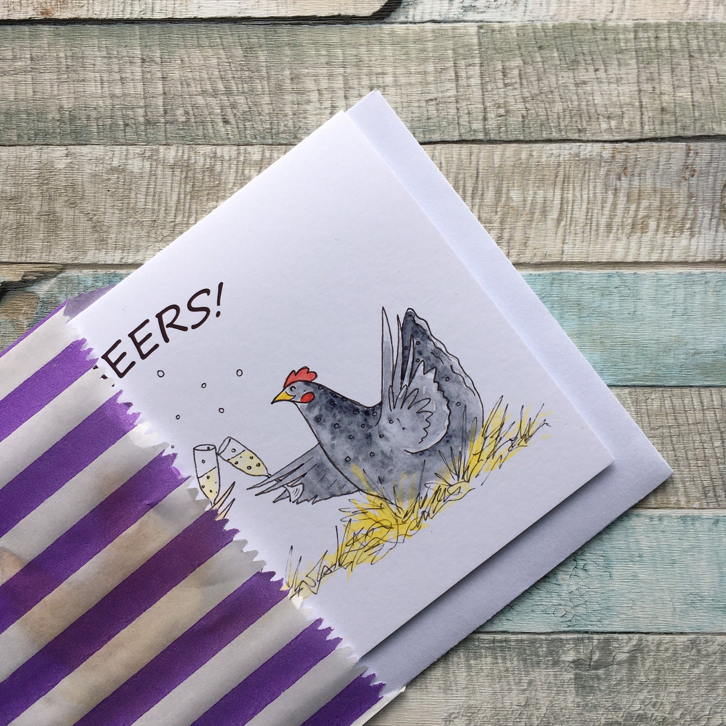 Cheers celebration chicken hen illustration blank A6 greeting card hen party congratulations well done champagne toast