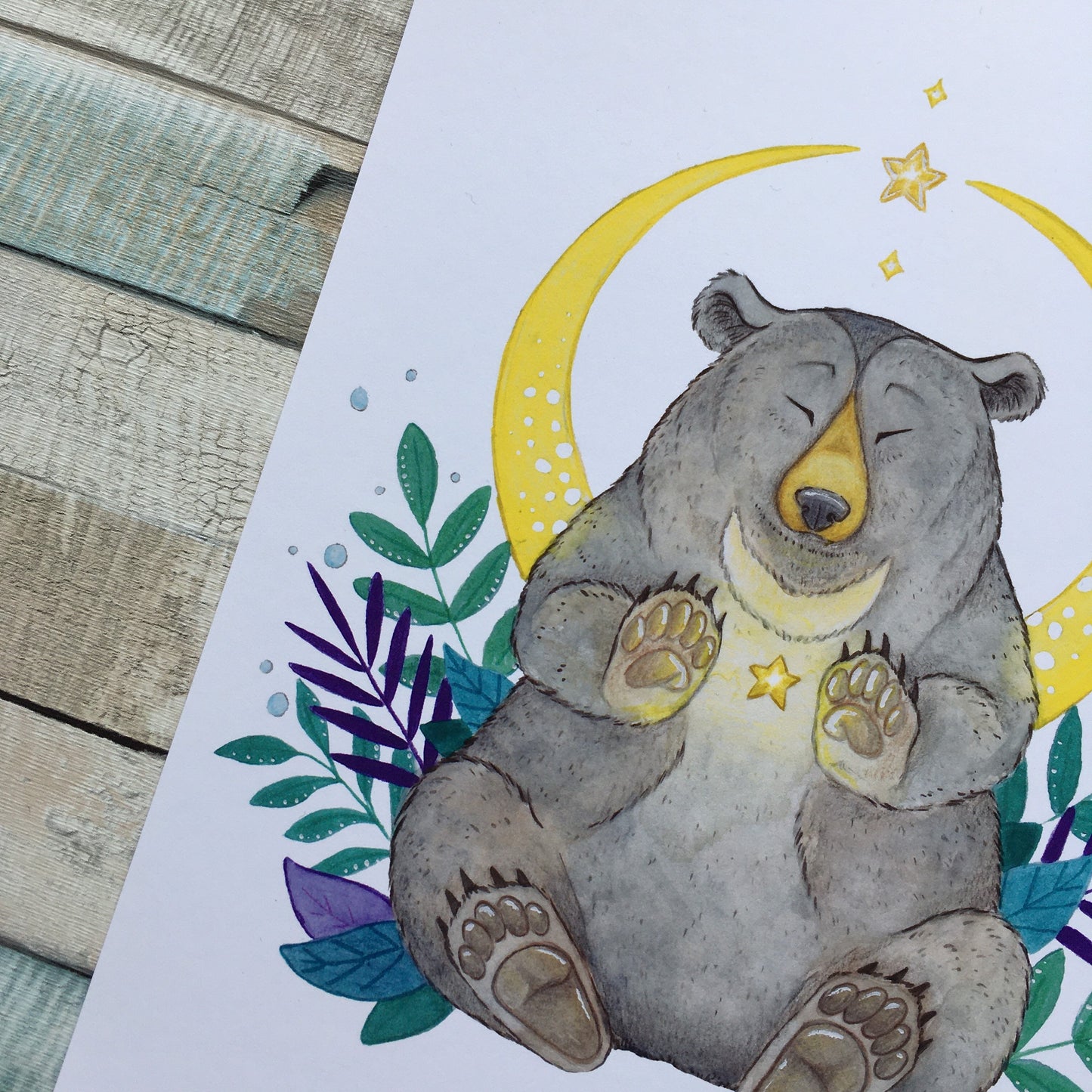 Magical moon bear art print 240gsm paper sizes A5 A4 animal watercolour magical print