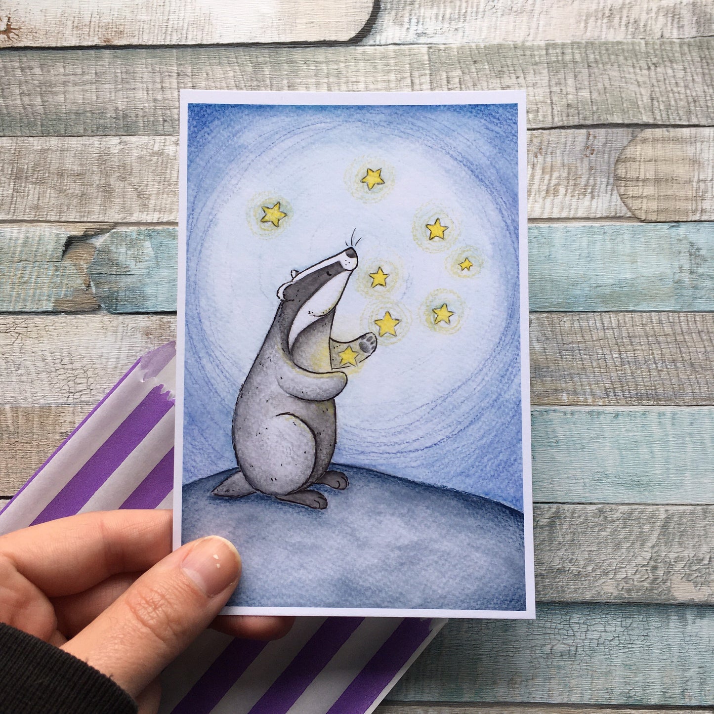 Starry Badger Wildlife Art Print, Magical Stars Night Sky Painting, 6x4, A5, A4 size, Cute Animal wall art