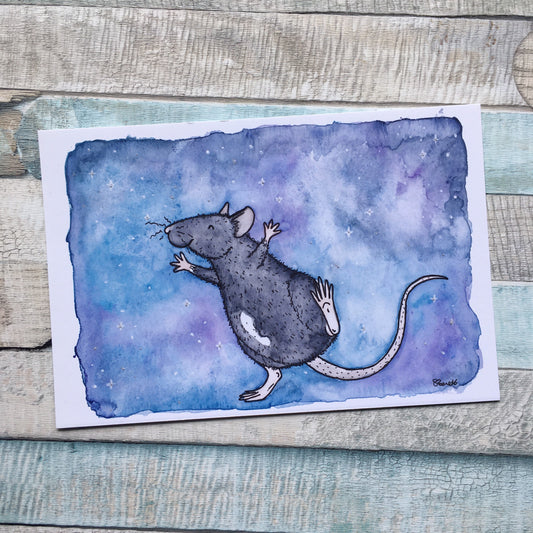 Astrid The Star Rat, Watercolour Painting, A5 6x4 Art Print, Cute Dancing Rat, Happy Pet Rat, Gift For Rat Lovers, Wall Art