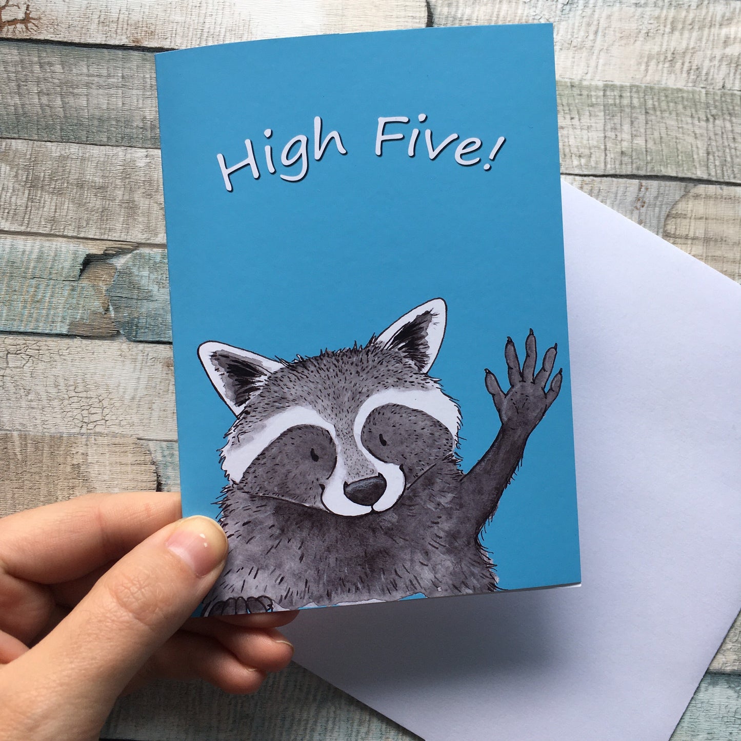 High Five Raccoon Celebration, Congratulations Blank Greeting Card, A6 sized, White Envelope, Happy Cute Trash Panda Illustration