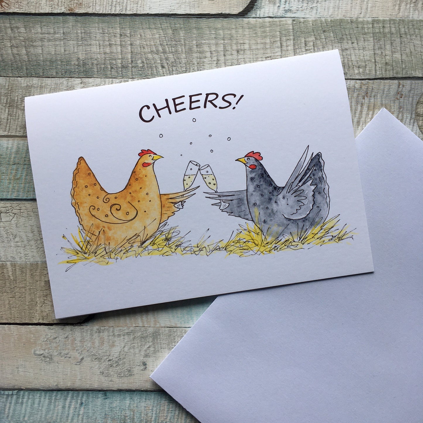 Cheers celebration chicken hen illustration blank A6 greeting card hen party congratulations well done champagne toast