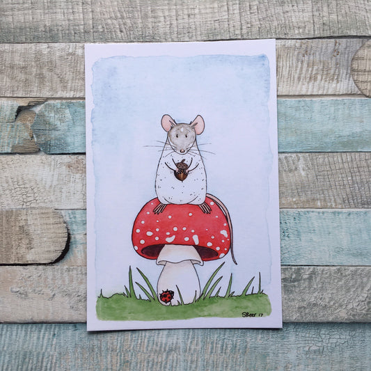 Little Evie, cute rat watercolour painting, A5 6x4 art print, pet rat gift, magical autumn ratty, mushroom. Wall art