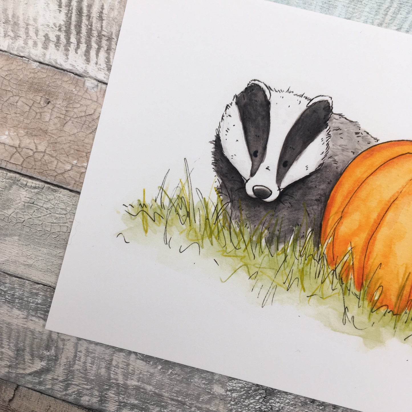 Pumpkin the Badger Art Print - A5 6x4 Art Print Badger Autumn Fall Painting