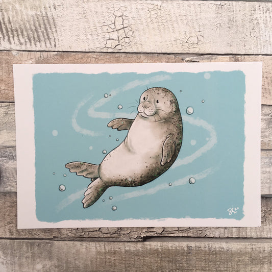 Happy Seal Art Print - A5 6x4 Art Print Seal Wildlife Marine Life Art Painting