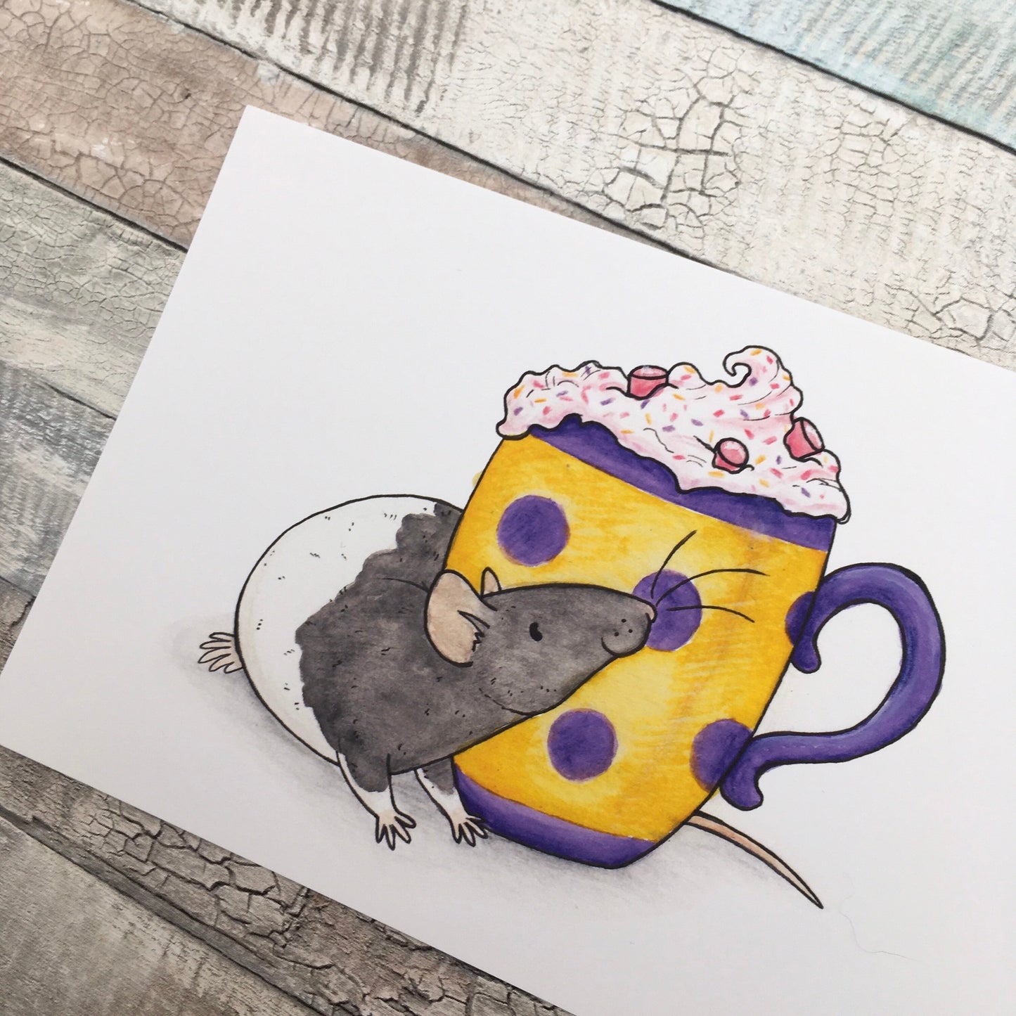 Marshmallow Rat Art Print - A5 6x4 Art Print Fancy Rat Pet Rat Painting