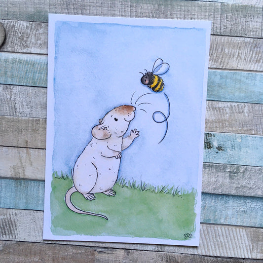 Bumble Art Print, Cute Rat and Bumble Bee Art Print, A5 Sized, 240gsm Paperstock