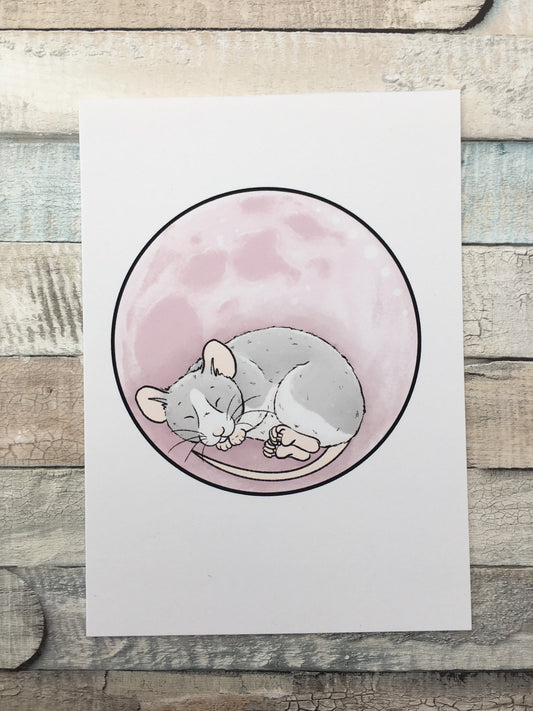Rose Moon Space Rat Art Print - A5 and 6 x 4 Sizes - Pet Rat Wall Art - Fancy Rat Gift