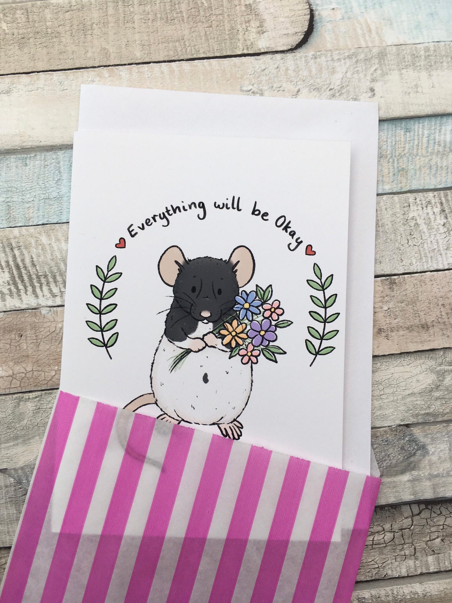 Everything Will Be Okay Cute Rat A6 Blank Greeting Card, Hooded Rat Illustration, Friendship Rat Lover Gift
