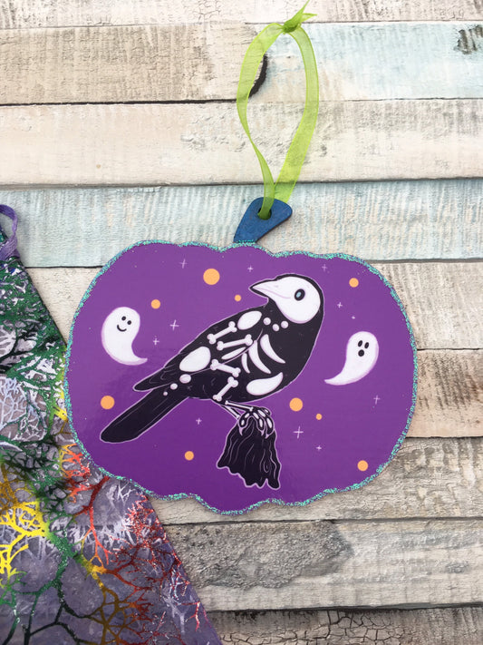 Trick The Crow Spooky Gang Pumpkin Halloween Decoration - Handmade Pumpkin Halloween Ornament - Cute Spooky Crow Art
