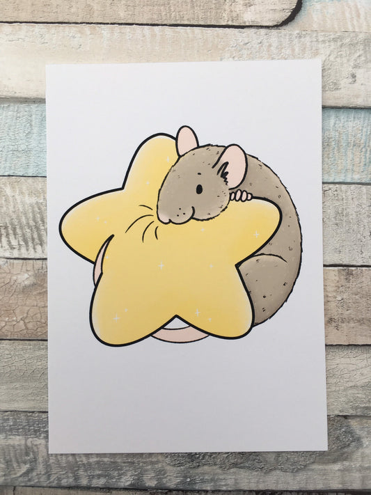 Star Space Rat Art Print - 6 x 4 Inch and A5 Sizes - Cute Rat Wall Art - Fancy Rat Gift