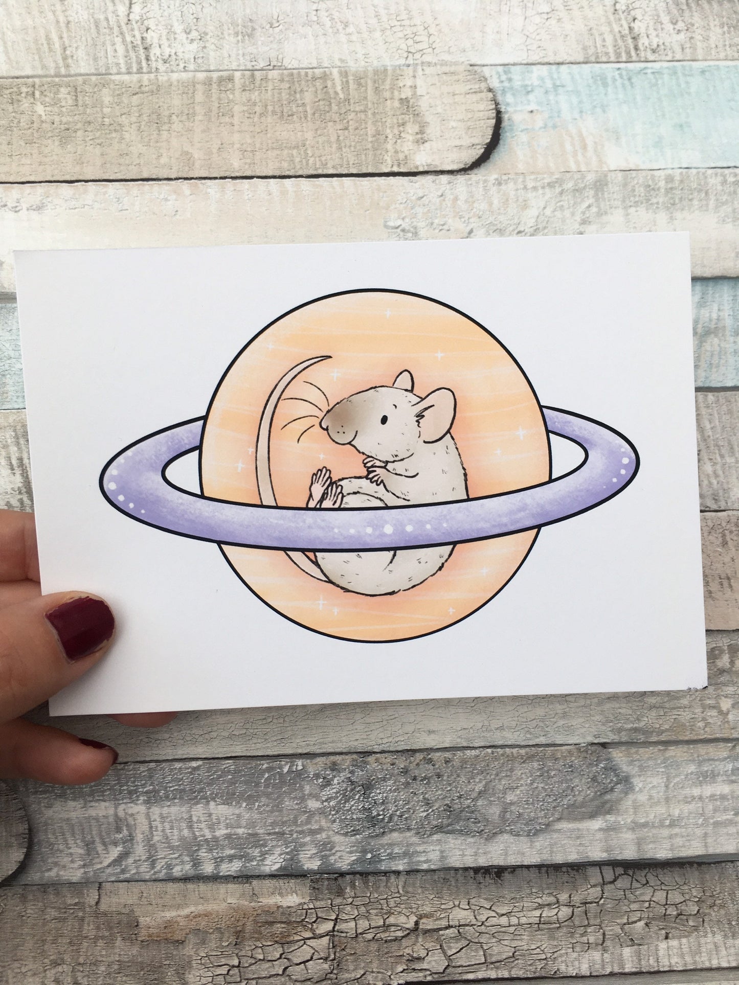 Saturn Space Rat Art Print - 6 x 4 inch and A5 Size - Cute Pet Rat Wall Art - Fancy Rat Gift