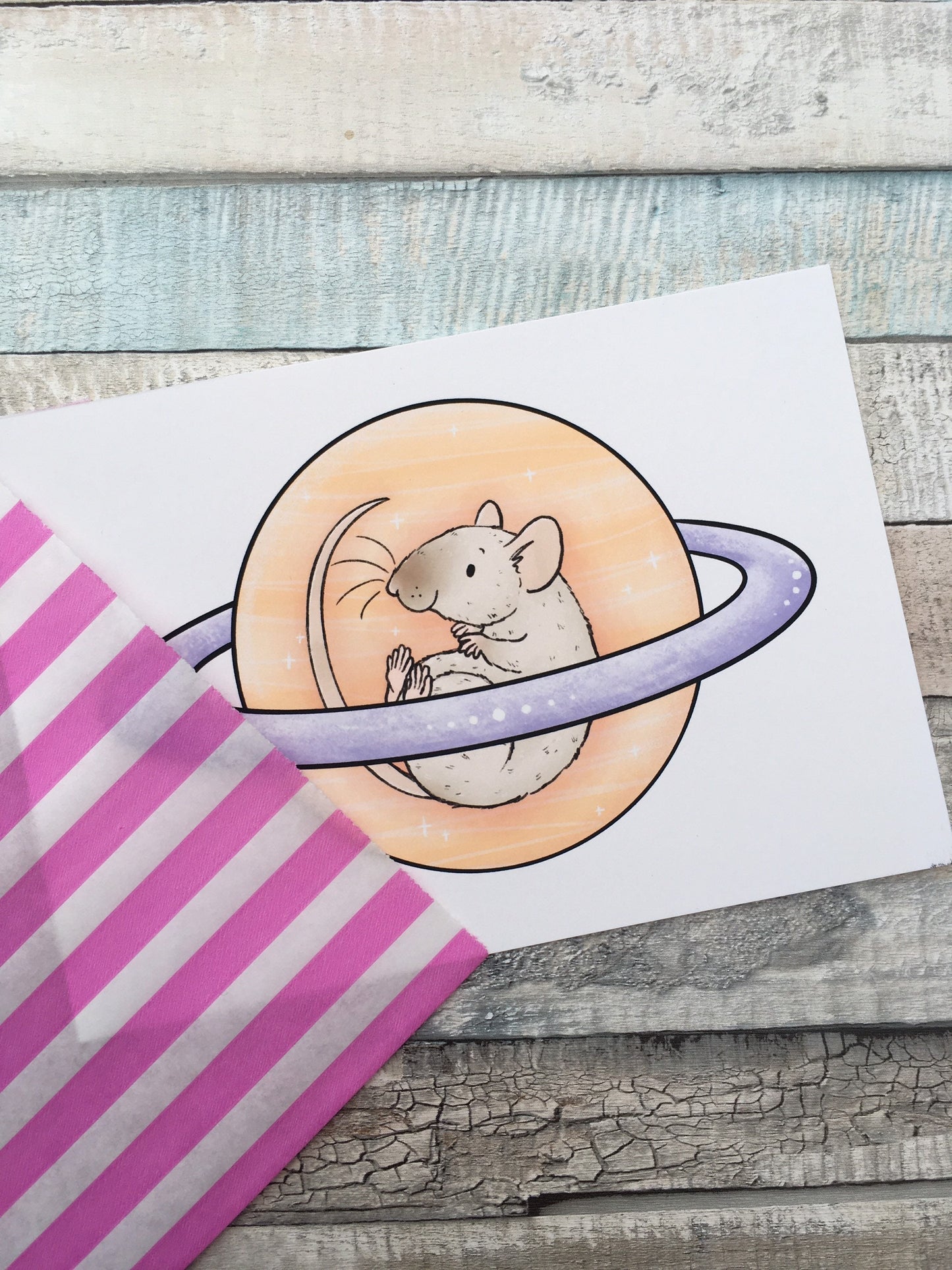 Saturn Space Rat Art Print - 6 x 4 inch and A5 Size - Cute Pet Rat Wall Art - Fancy Rat Gift
