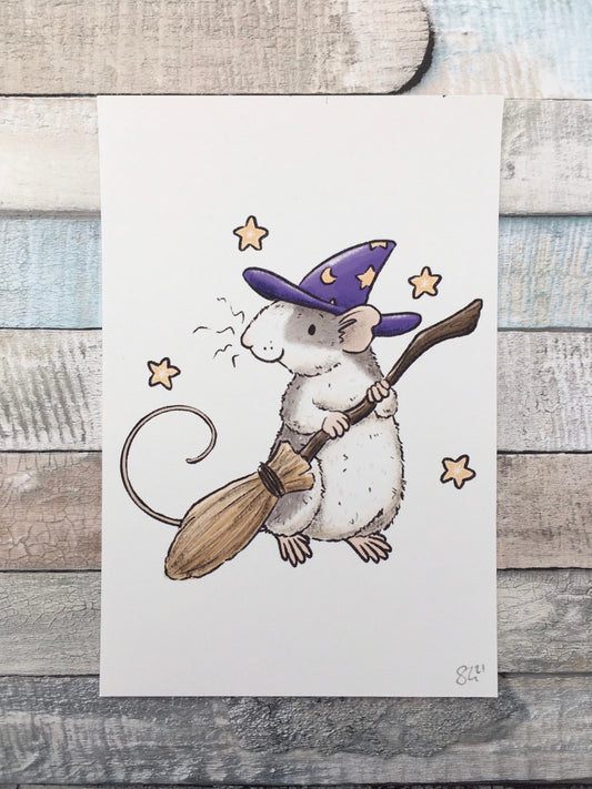 Willow The Witch Rat Art Print - A5 and 6 x 4 Inch Sizes - Cute Pet Rat Wall Art - Fancy Rat Gift