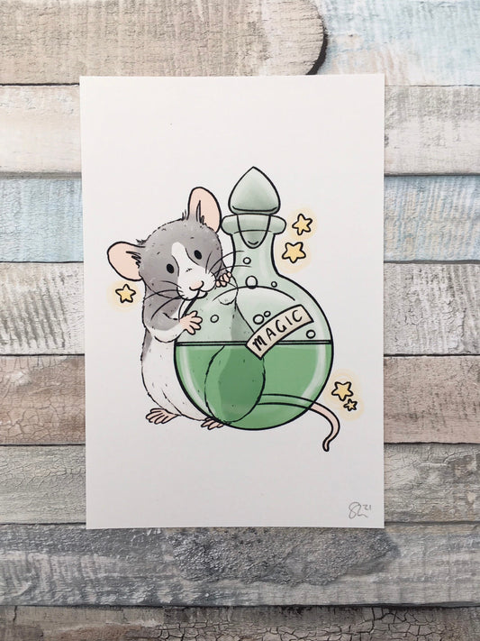 Sparky The Potions Rat Art Print - Fun Pet Rat Wall Art - A5 and 6 x 4 Inch Sizes - Great Fancy Rat Gift