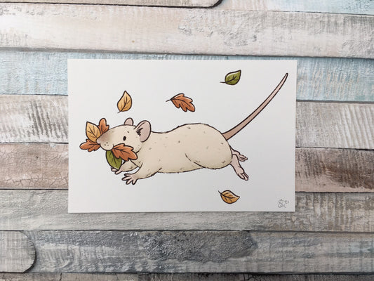 Autumn Rat Art Print - Cute Pet Rat Wall Art - Fall Leaves Animal Art Print - A5 And 6 x 4 Inch Sizes - Fun Fancy Rat Gift
