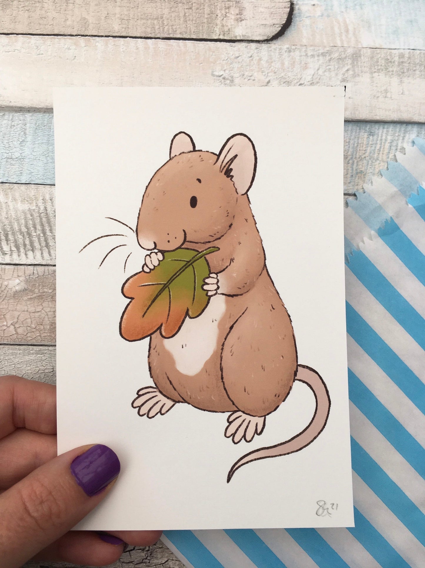 Leaf Rat Art Print - A5 and 6 x 4 Inch Sizes - Cute Pet Rat Wall Art - Fancy Rat Gift