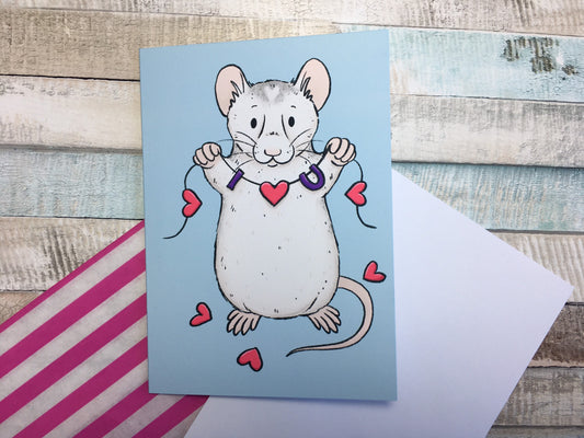 I Love You Rat A6 Greeting Card - Cute Roan Rat Blank Greeting Card - Ratty Love Card - Rat Valentine