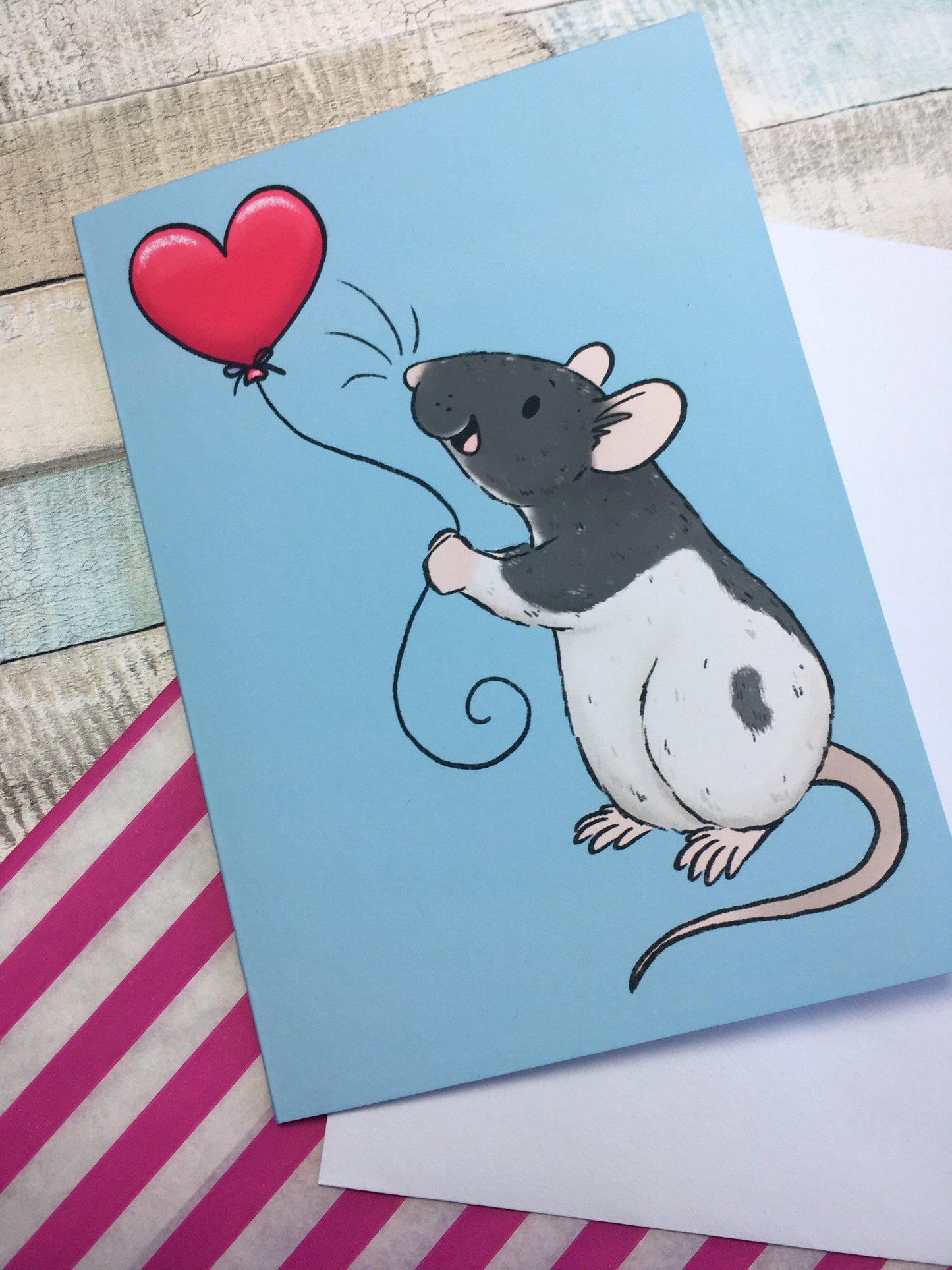 Heart Balloon Rat A6 Greeting Card - Cute Fancy Rat Blank Greeting Card - Hooded Rat Love Card - Cute Ratty Valentine