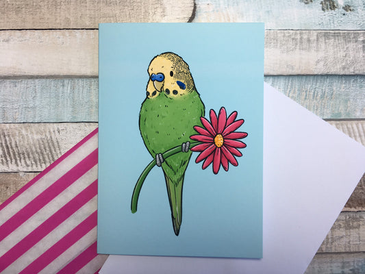 Cute Budgie A6 Greeting Card - Green Budgerigar Blank Greeting Card - Cute Budgie Love Card