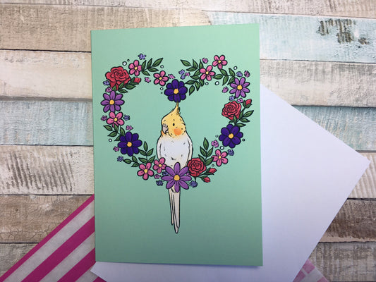 Cockatiel Flower Heart A6 Greeting Card - Cute Cockatiel Sitting In A Flower Heart Card - Blank Tiel Pet Bird Greeting Card