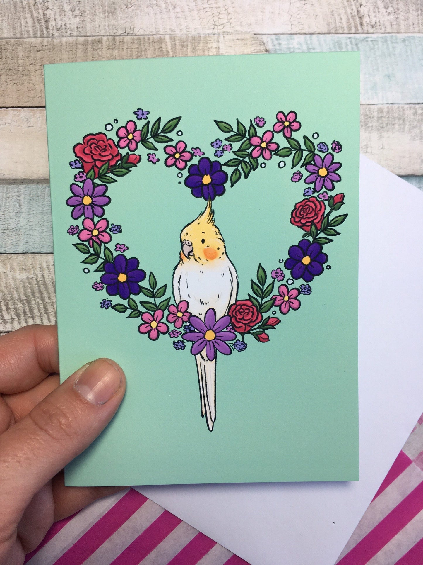 Cockatiel Flower Heart A6 Greeting Card - Cute Cockatiel Sitting In A Flower Heart Card - Blank Tiel Pet Bird Greeting Card