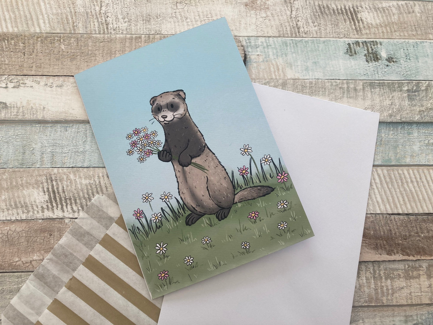Ferret With Flowers A6 Greeting Card | Cute Ferret A6 Blank Greeting Card | Ferret Gift