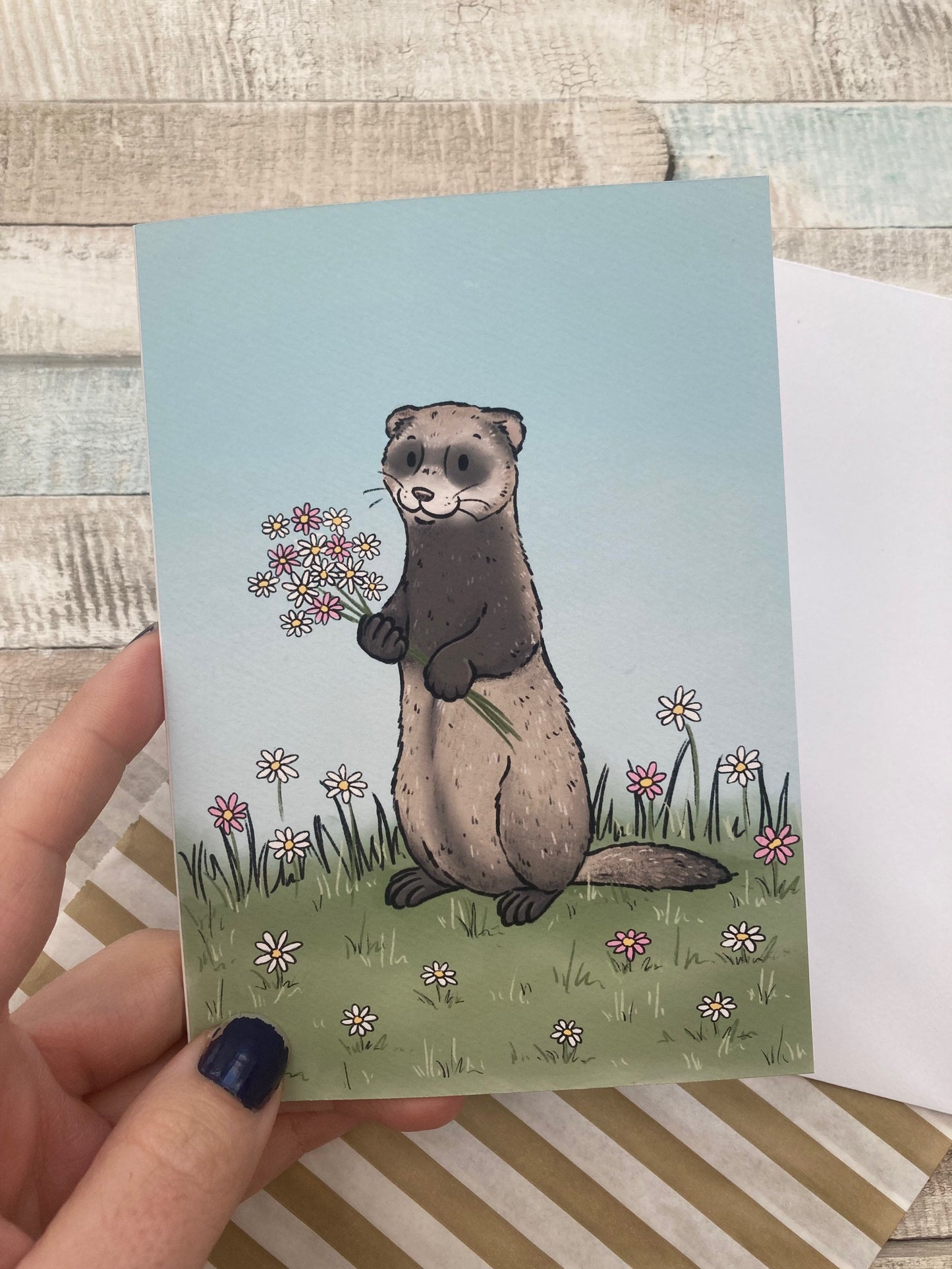 Ferret With Flowers A6 Greeting Card | Cute Ferret A6 Blank Greeting Card | Ferret Gift